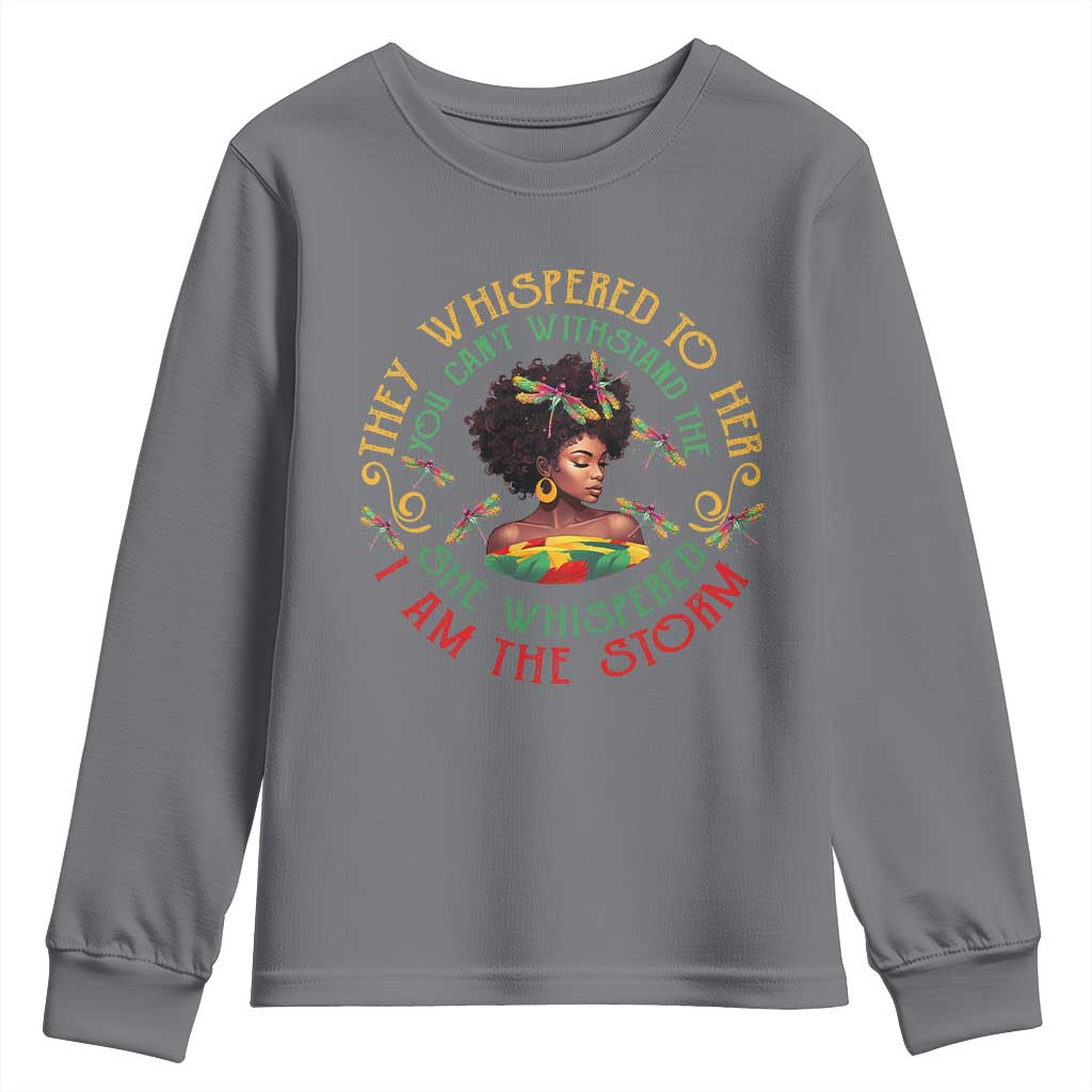 African Women Black History Month Youth Long Sleeve Shirt Dragon Fly She Whispered Back I Am The Storm
