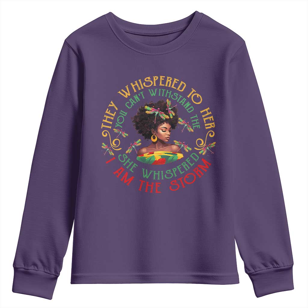 African Women Black History Month Youth Long Sleeve Shirt Dragon Fly She Whispered Back I Am The Storm