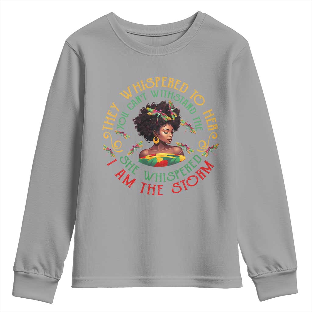 African Women Black History Month Youth Long Sleeve Shirt Dragon Fly She Whispered Back I Am The Storm