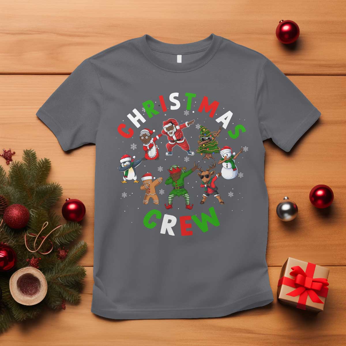 Christmas Crew T Shirt Black African American Santa Reindeer Snowman Dabbing