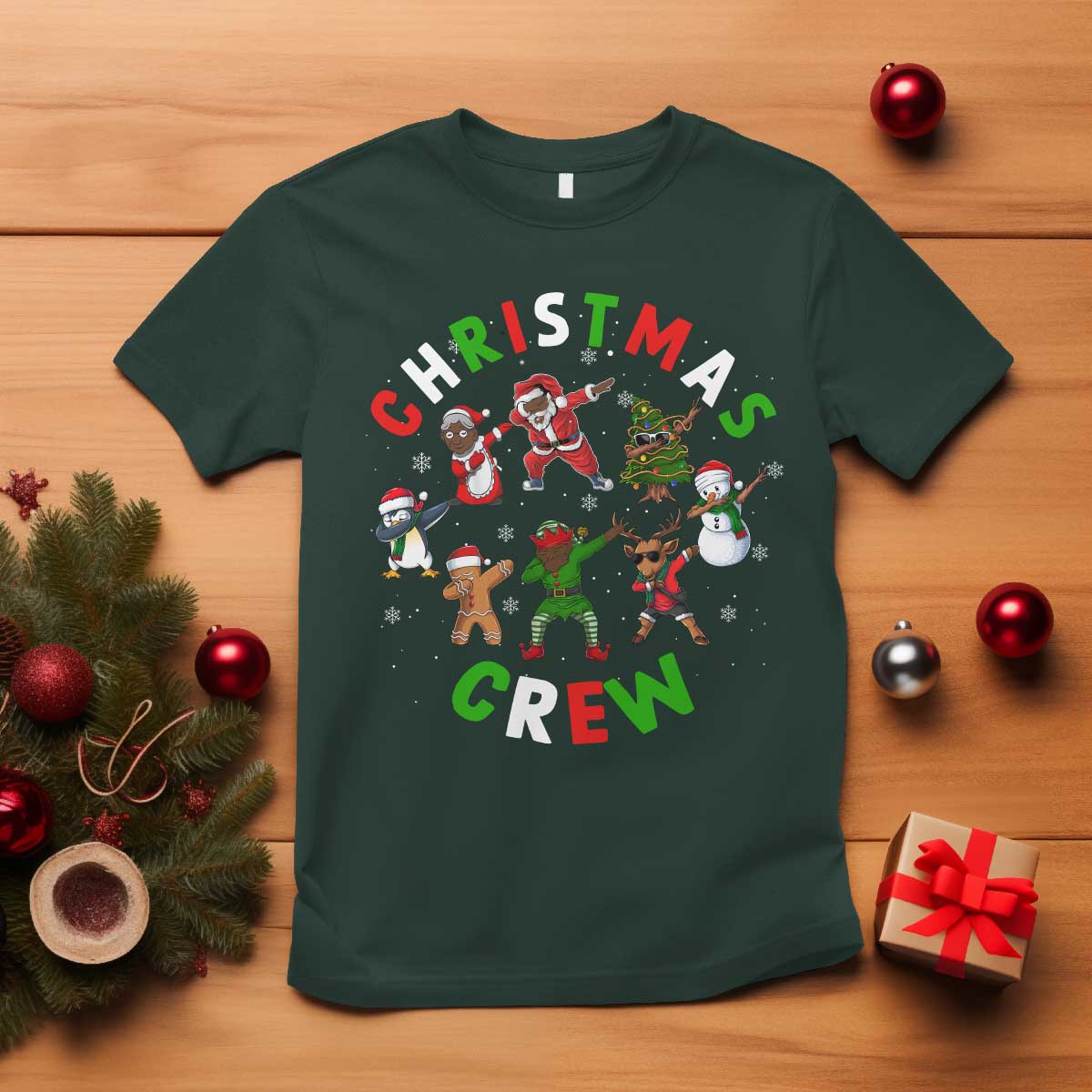 Christmas Crew T Shirt Black African American Santa Reindeer Snowman Dabbing