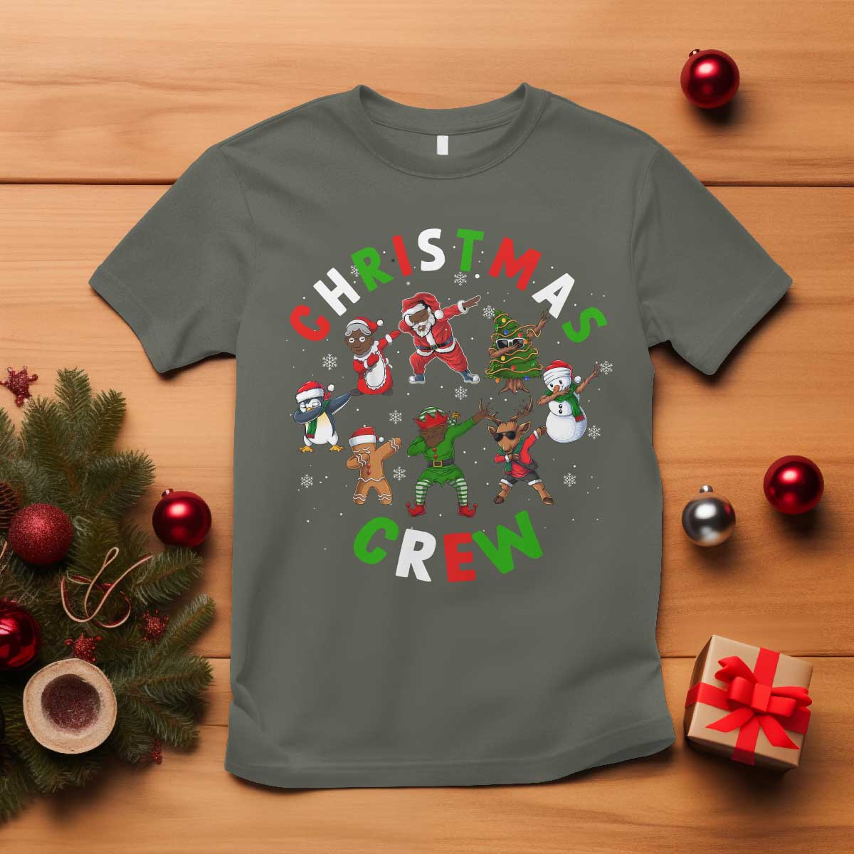 Christmas Crew T Shirt Black African American Santa Reindeer Snowman Dabbing
