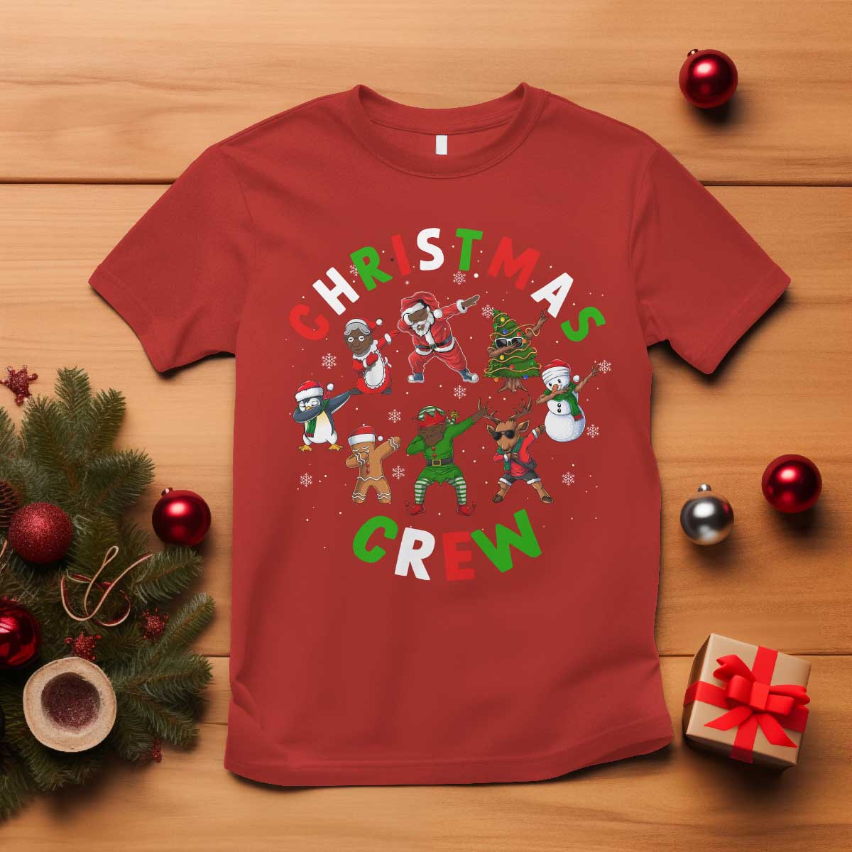 Christmas Crew T Shirt Black African American Santa Reindeer Snowman Dabbing