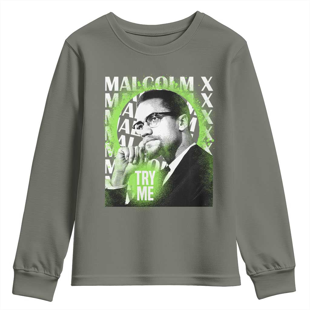 Malcolm X Youth Long Sleeve Shirt Try Me Aesthetic Art Black Civil Rights BHM