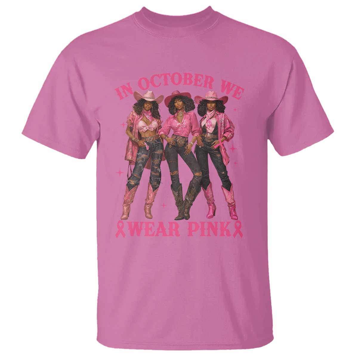 In October We Wear Pink T Shirt Breast Cancer Awareness Month Black Cowgirl Pink Ribbon - African Pride