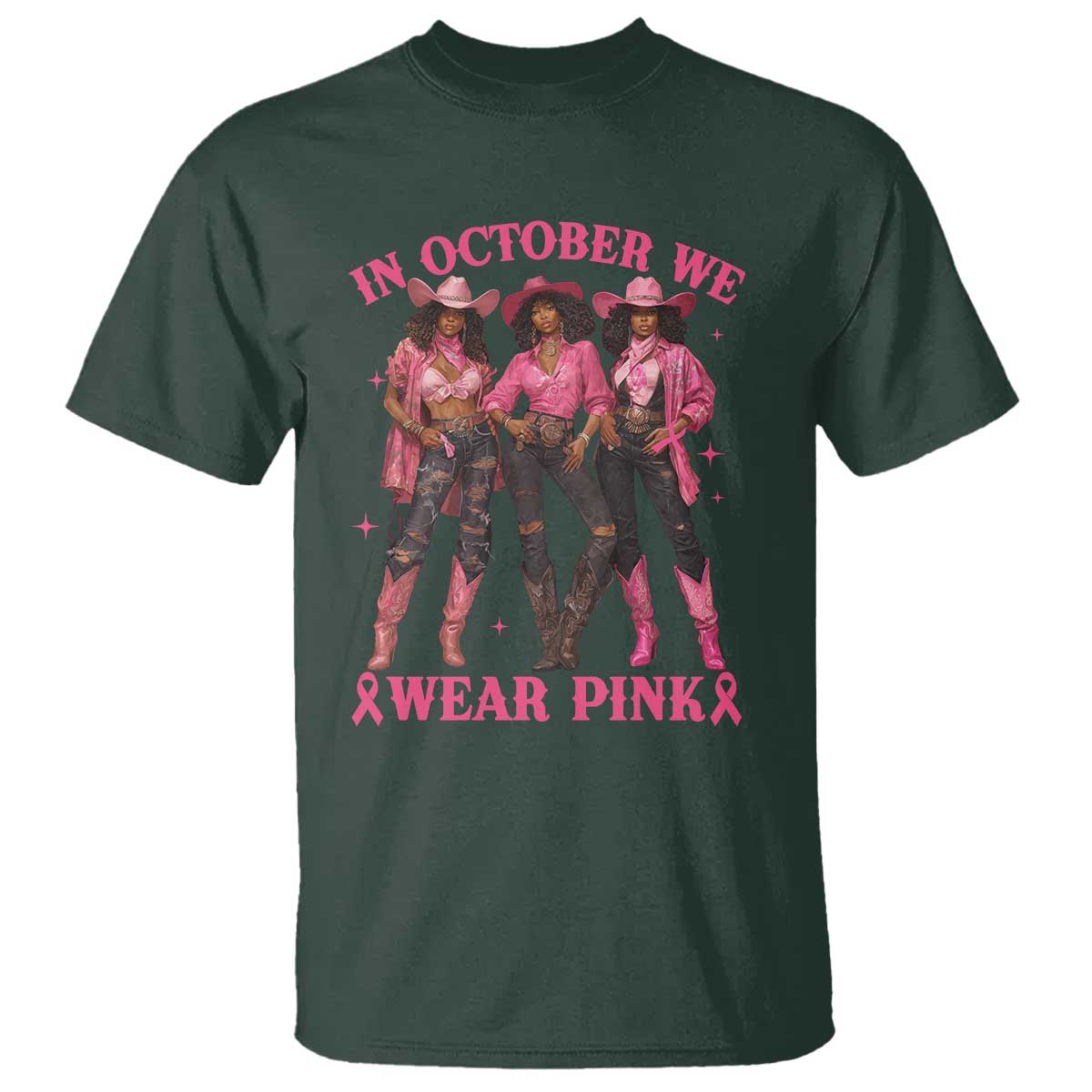 In October We Wear Pink T Shirt Breast Cancer Awareness Month Black Cowgirl Pink Ribbon - African Pride