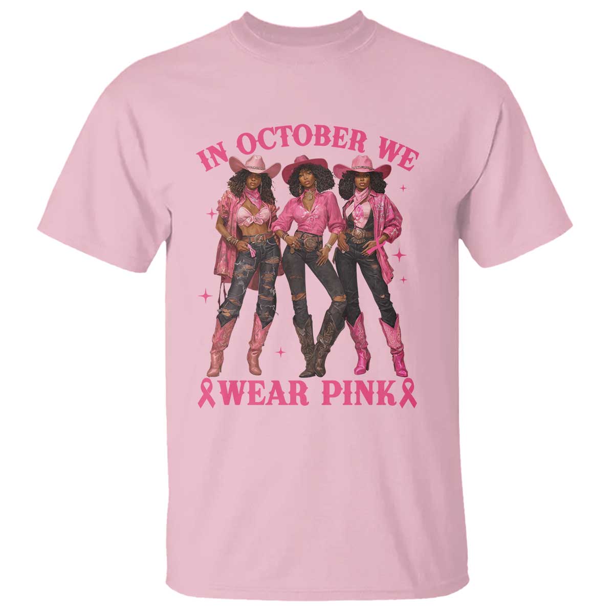 In October We Wear Pink T Shirt Breast Cancer Awareness Month Black Cowgirl Pink Ribbon - African Pride