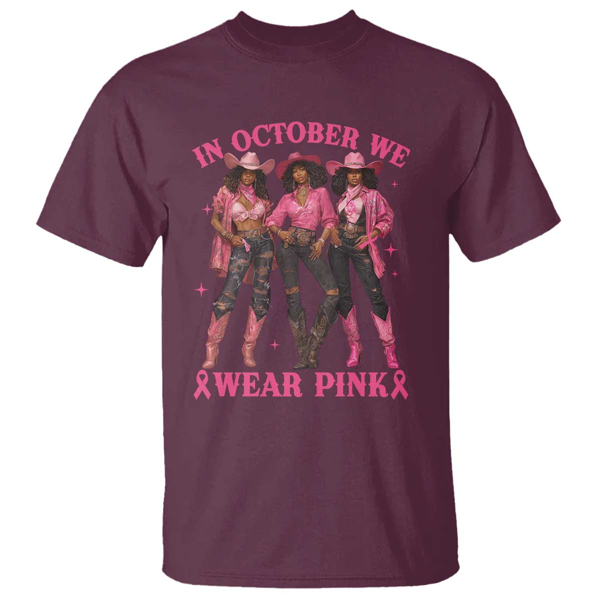 In October We Wear Pink T Shirt Breast Cancer Awareness Month Black Cowgirl Pink Ribbon - African Pride