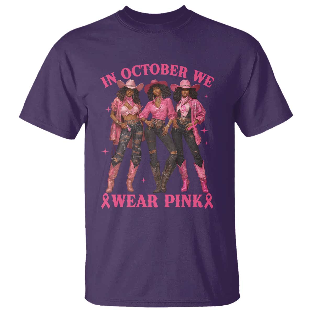 In October We Wear Pink T Shirt Breast Cancer Awareness Month Black Cowgirl Pink Ribbon - African Pride