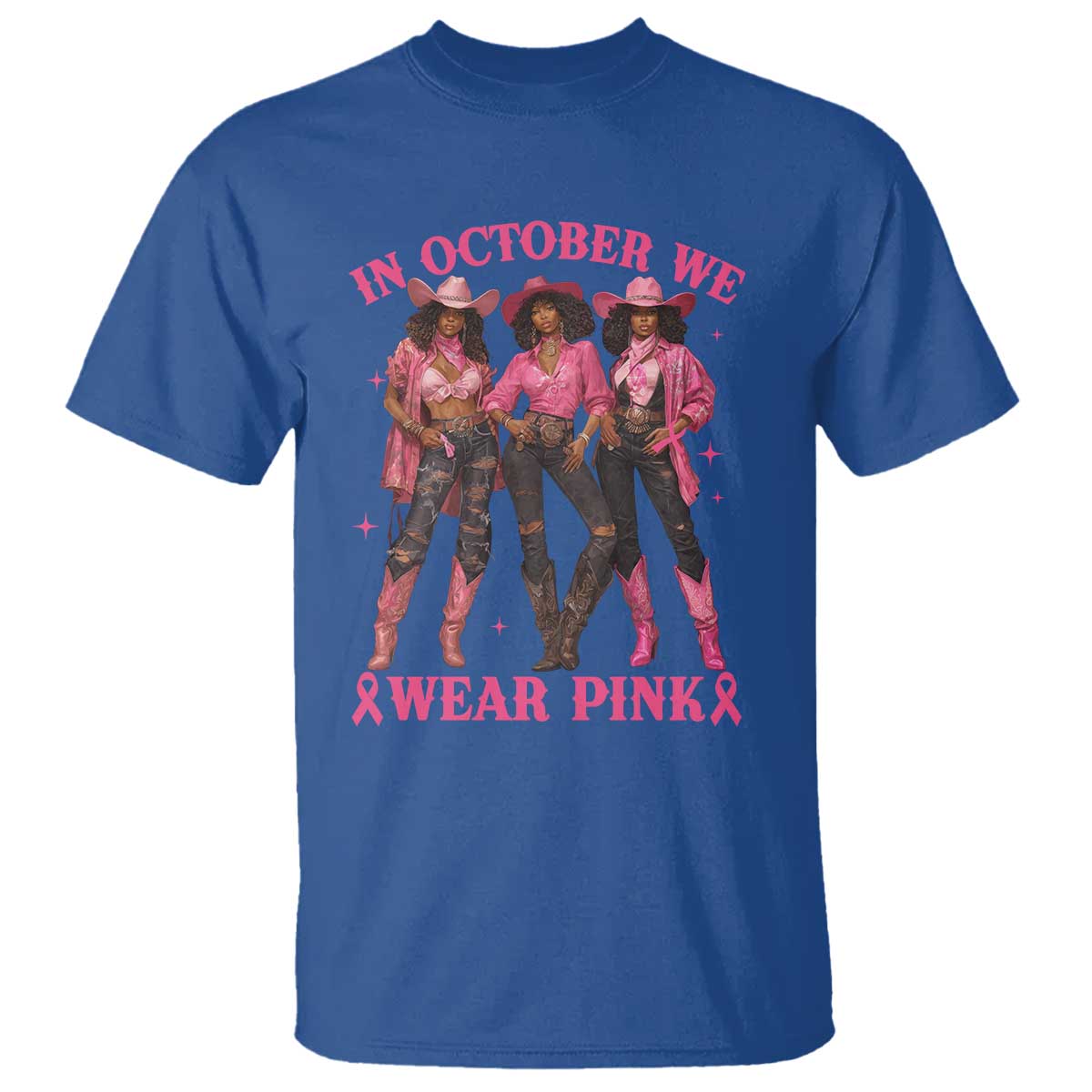 In October We Wear Pink T Shirt Breast Cancer Awareness Month Black Cowgirl Pink Ribbon - African Pride