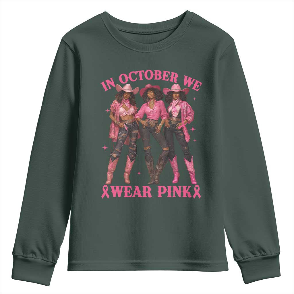In October We Wear Pink Youth Sweatshirt Breast Cancer Awareness Month Black Cowgirl Pink Ribbon - African Pride