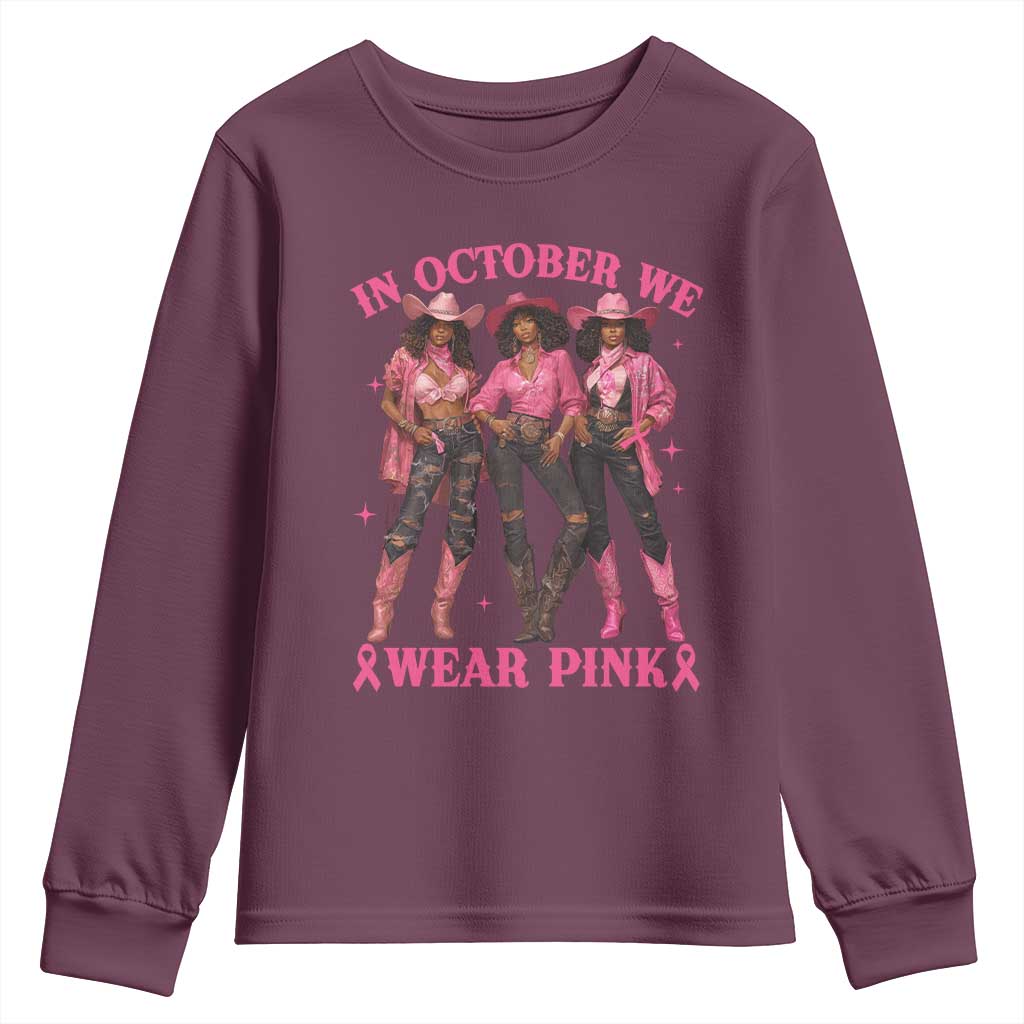In October We Wear Pink Youth Sweatshirt Breast Cancer Awareness Month Black Cowgirl Pink Ribbon - African Pride