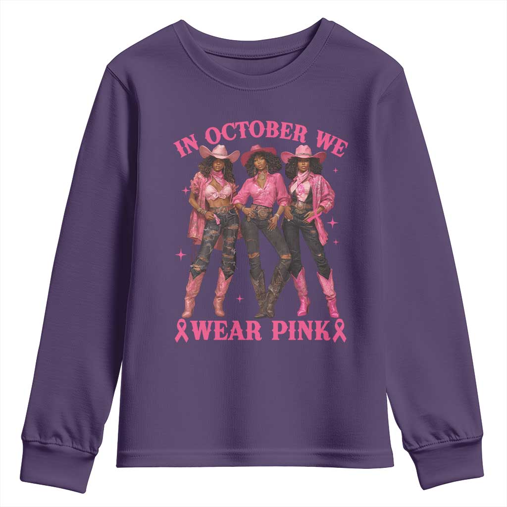 In October We Wear Pink Youth Sweatshirt Breast Cancer Awareness Month Black Cowgirl Pink Ribbon - African Pride
