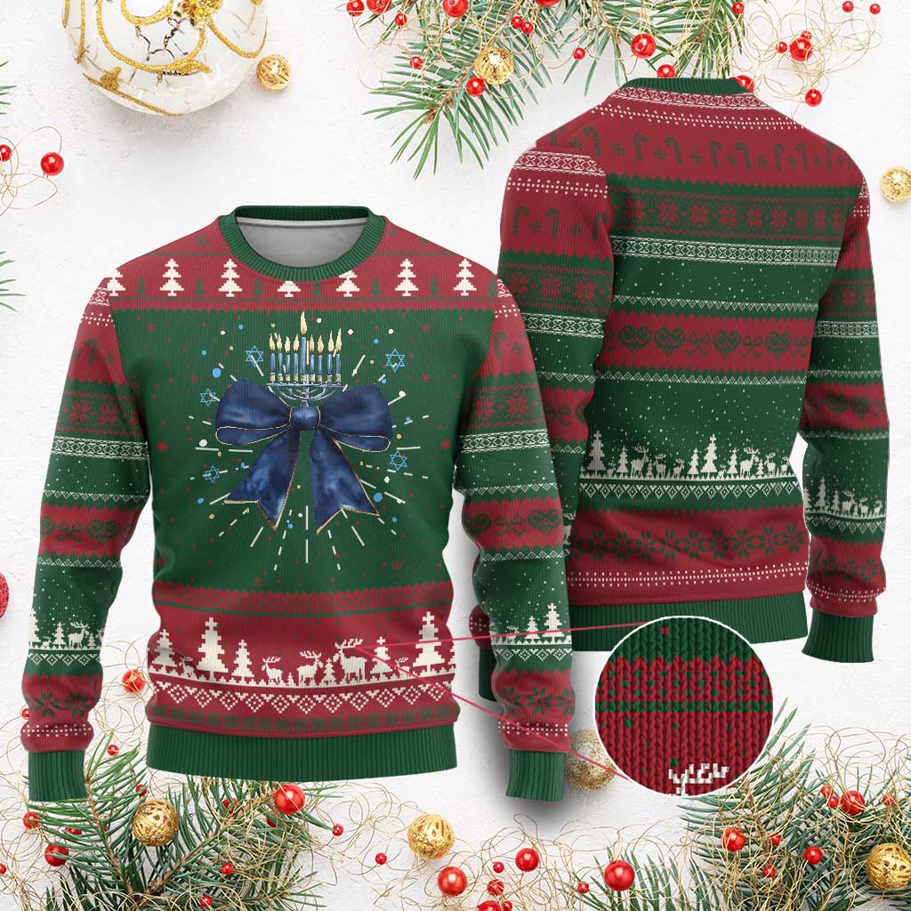 Happy Hanukkah Knit Sweatshirt Coquette Hanukkah Bow Jewish Menorah - African Pride