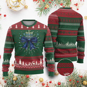 Happy Hanukkah Knit Sweatshirt Coquette Hanukkah Bow Jewish Menorah - African Pride