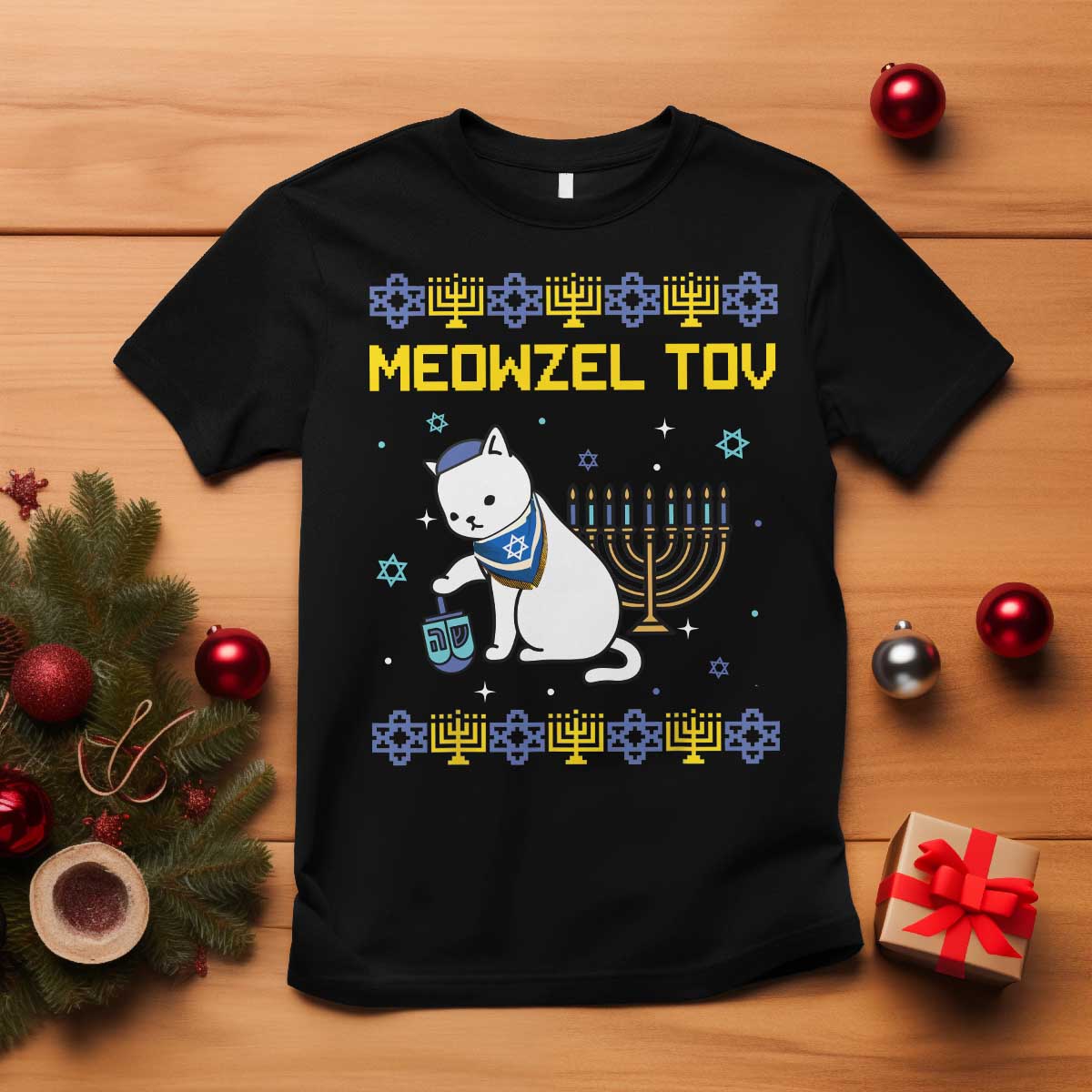 Happy Hanukkah T Shirt Menorah Meowzel Tov Ugly Hanukkah - African Pride