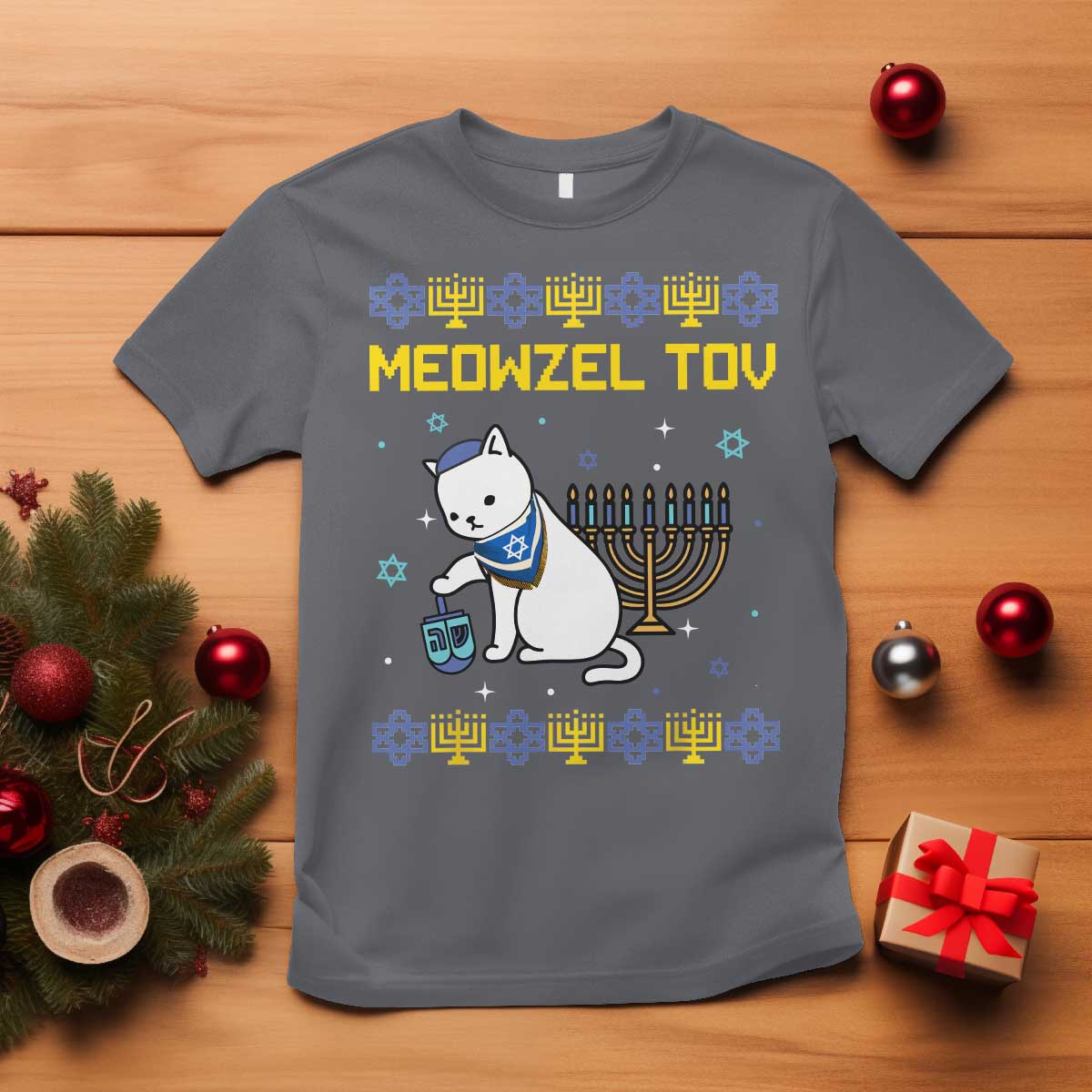 Happy Hanukkah T Shirt Menorah Meowzel Tov Ugly Hanukkah - African Pride