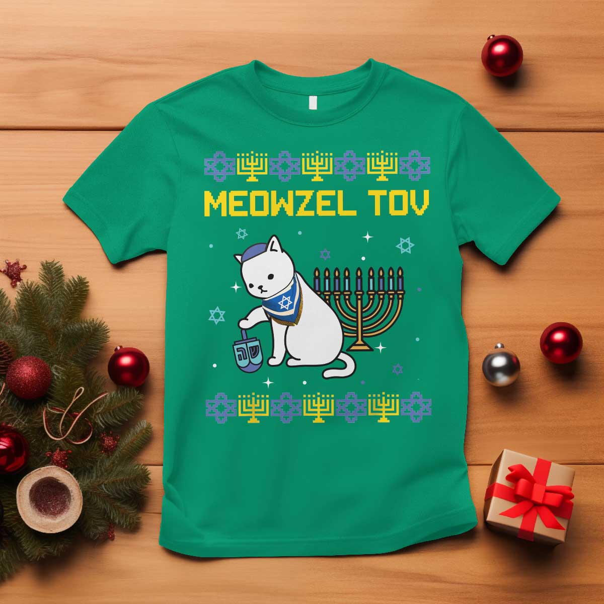 Happy Hanukkah T Shirt Menorah Meowzel Tov Ugly Hanukkah - African Pride