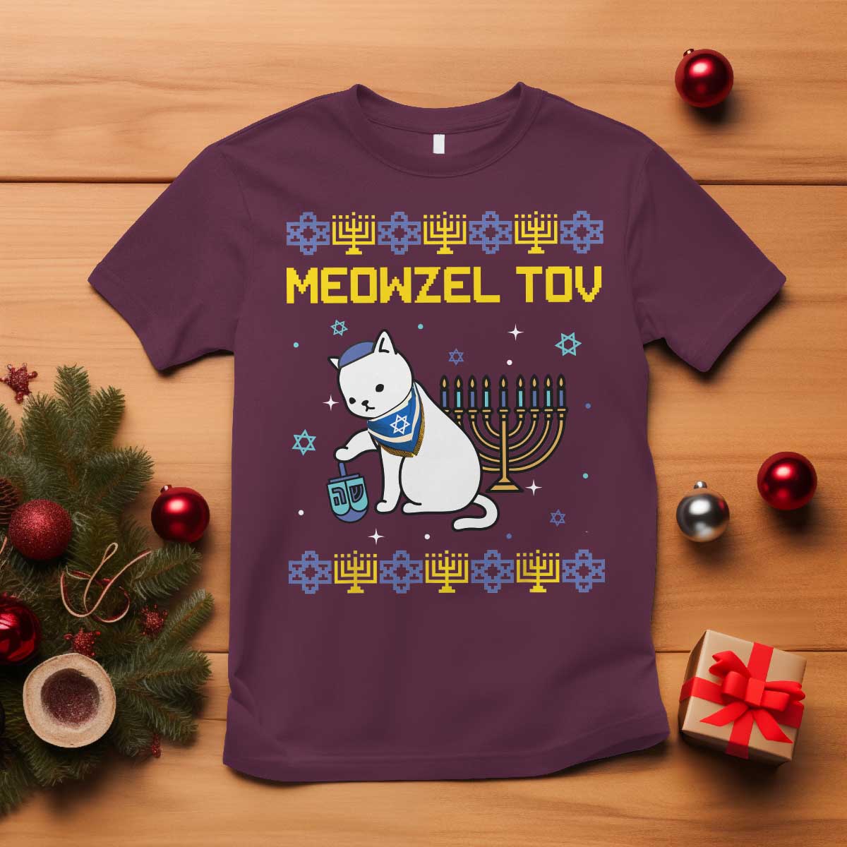 Happy Hanukkah T Shirt Menorah Meowzel Tov Ugly Hanukkah - African Pride