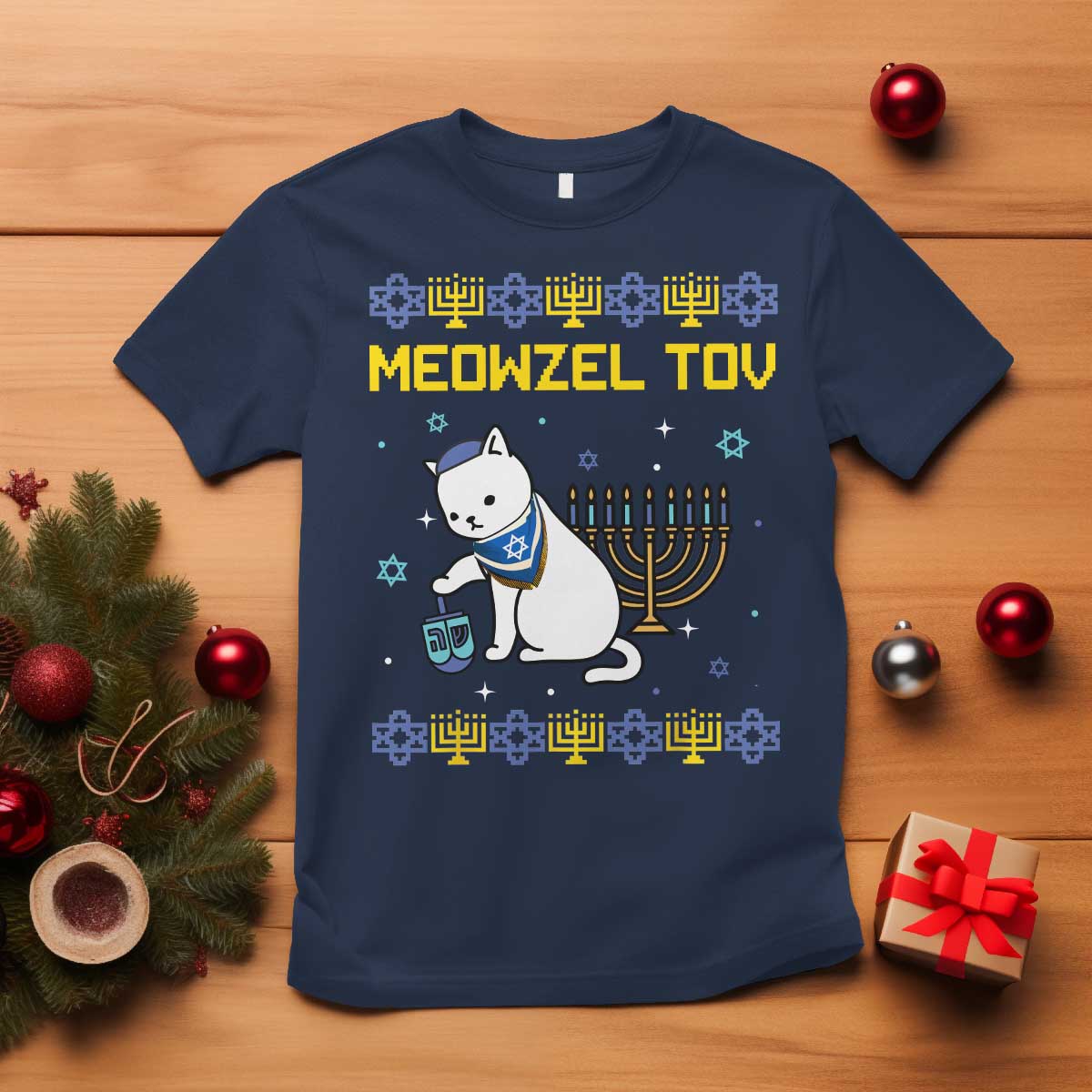 Happy Hanukkah T Shirt Menorah Meowzel Tov Ugly Hanukkah - African Pride