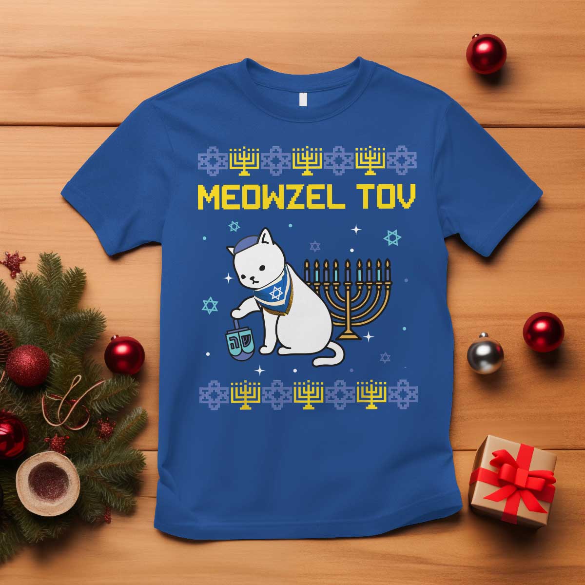 Happy Hanukkah T Shirt Menorah Meowzel Tov Ugly Hanukkah - African Pride