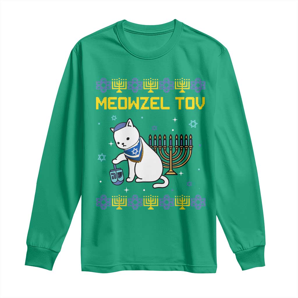 Happy Hanukkah Long Sleeve Shirt Menorah Meowzel Tov Ugly Hanukkah - African Pride
