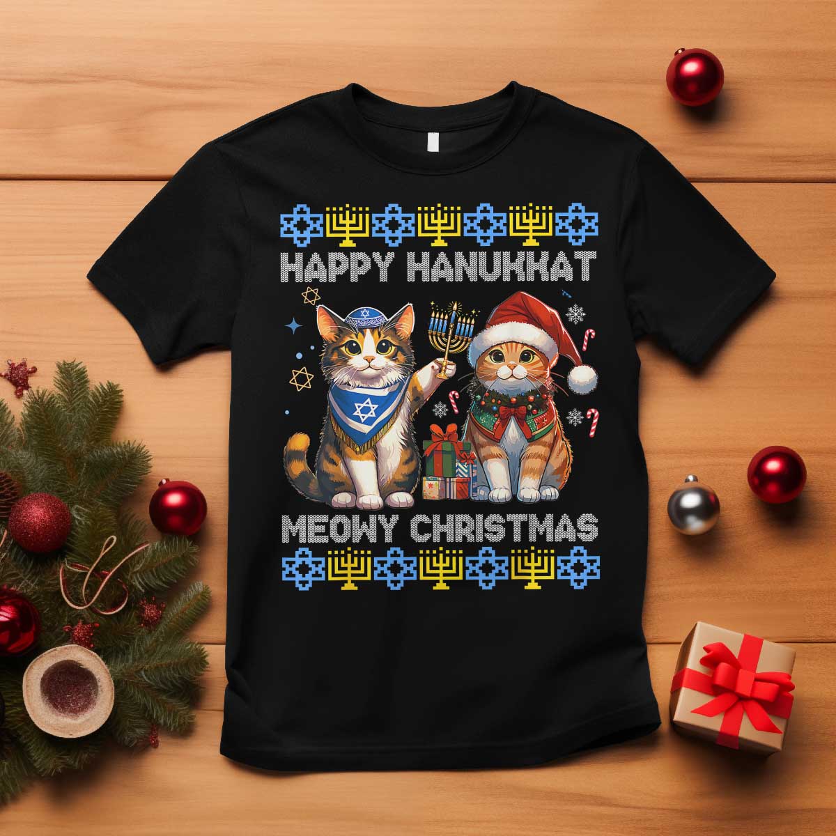 Cat Merry Christmas Happy Hanukkah T Shirt Jewish Christian Ugly Hanukkah - African Pride