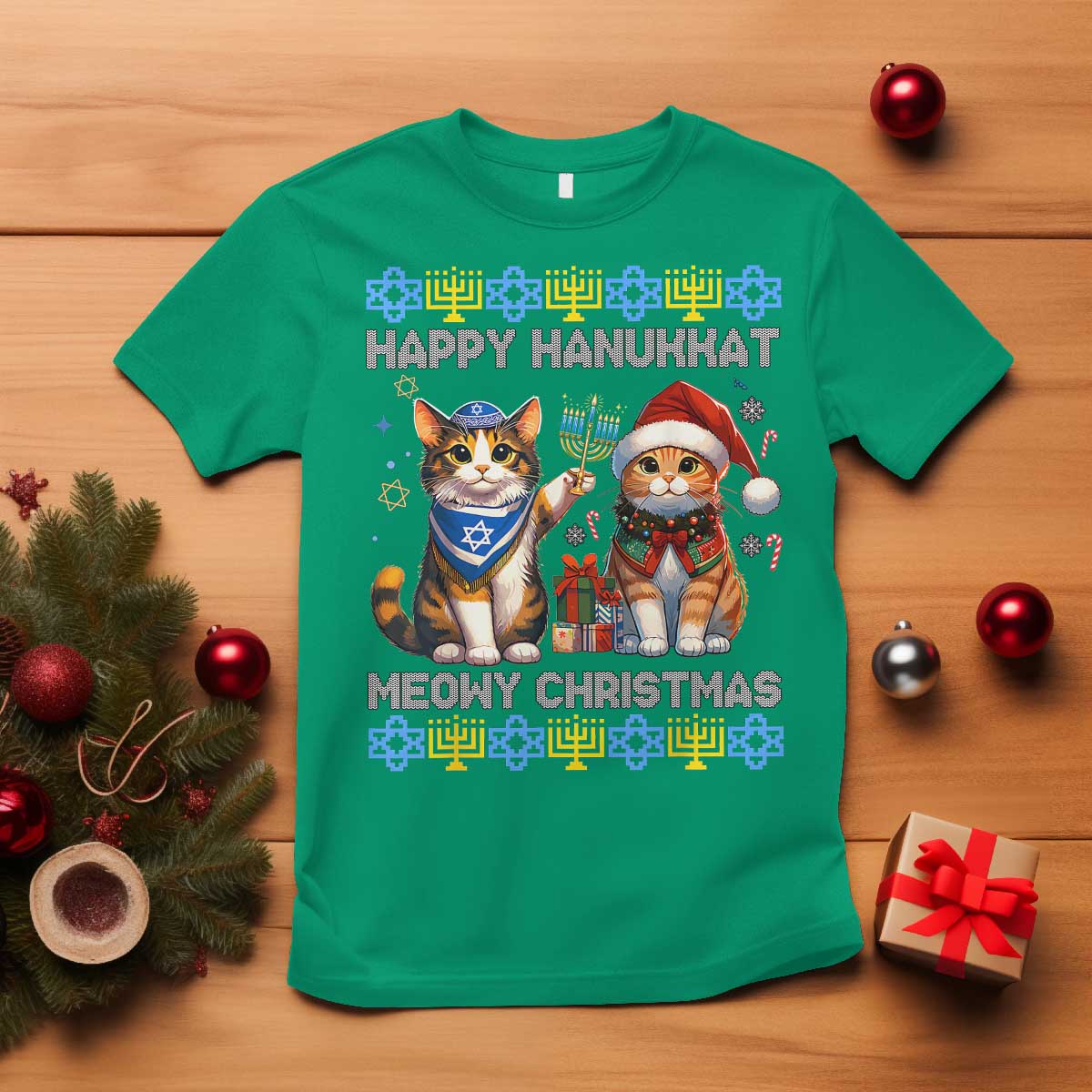 Cat Merry Christmas Happy Hanukkah T Shirt Jewish Christian Ugly Hanukkah - African Pride