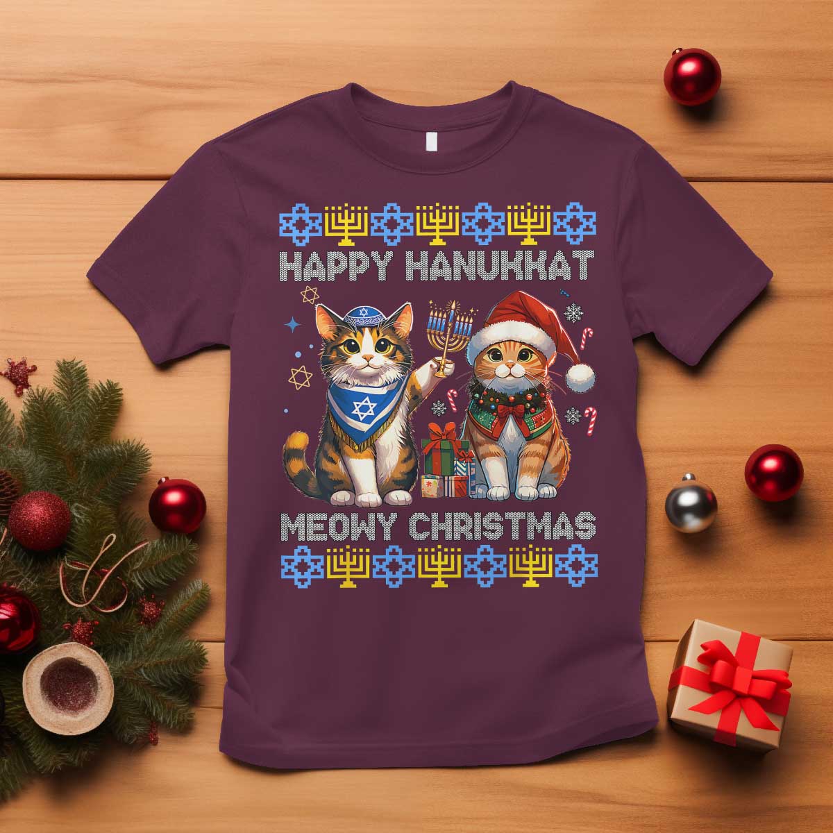 Cat Merry Christmas Happy Hanukkah T Shirt Jewish Christian Ugly Hanukkah - African Pride