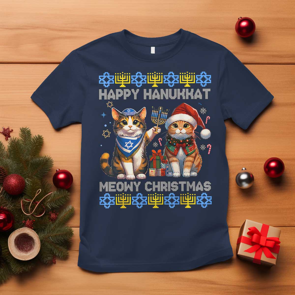 Cat Merry Christmas Happy Hanukkah T Shirt Jewish Christian Ugly Hanukkah - African Pride