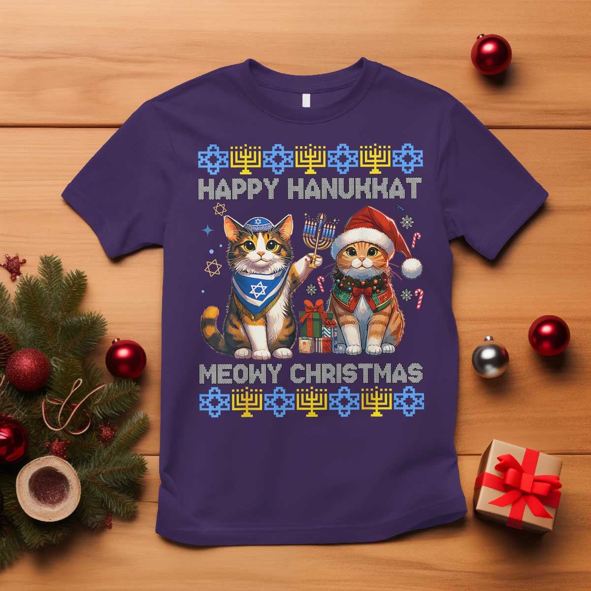 Cat Merry Christmas Happy Hanukkah T Shirt Jewish Christian Ugly Hanukkah - African Pride