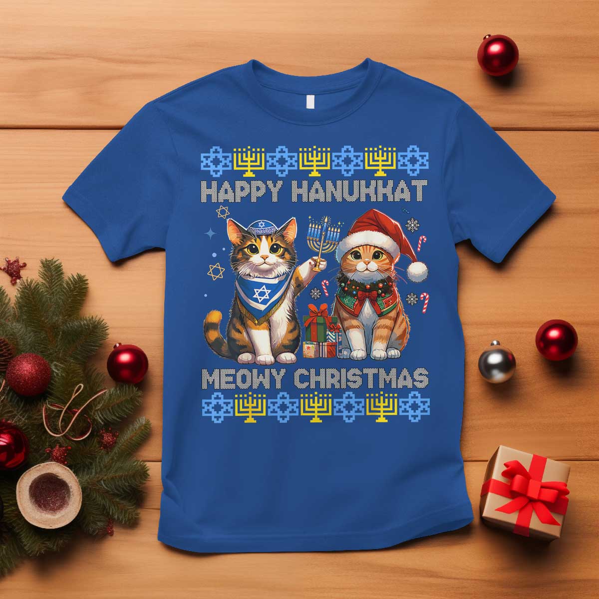 Cat Merry Christmas Happy Hanukkah T Shirt Jewish Christian Ugly Hanukkah - African Pride