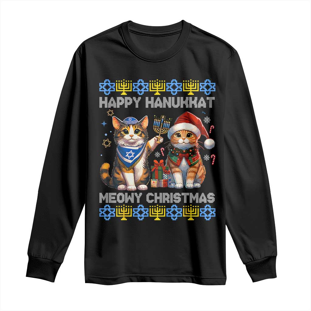 Cat Merry Christmas Happy Hanukkah Long Sleeve Shirt Jewish Christian Ugly Hanukkah - African Pride
