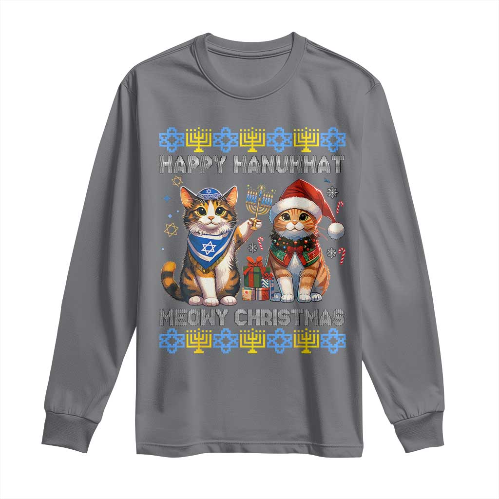 Cat Merry Christmas Happy Hanukkah Long Sleeve Shirt Jewish Christian Ugly Hanukkah - African Pride