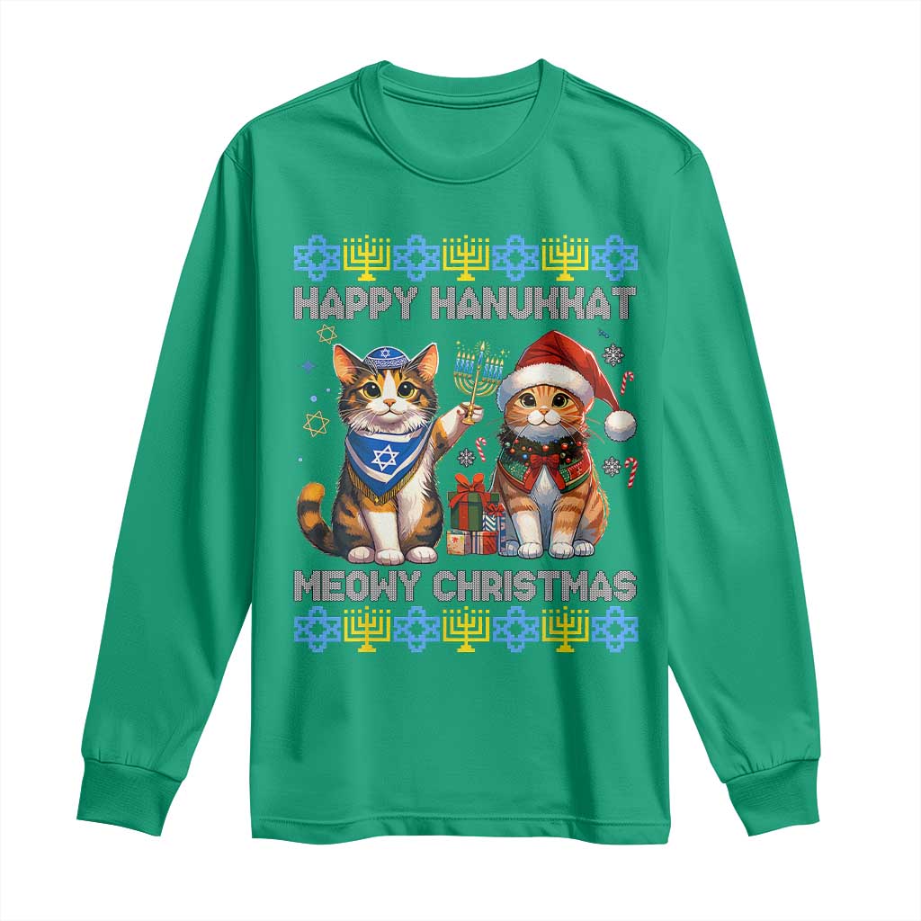 Cat Merry Christmas Happy Hanukkah Long Sleeve Shirt Jewish Christian Ugly Hanukkah - African Pride
