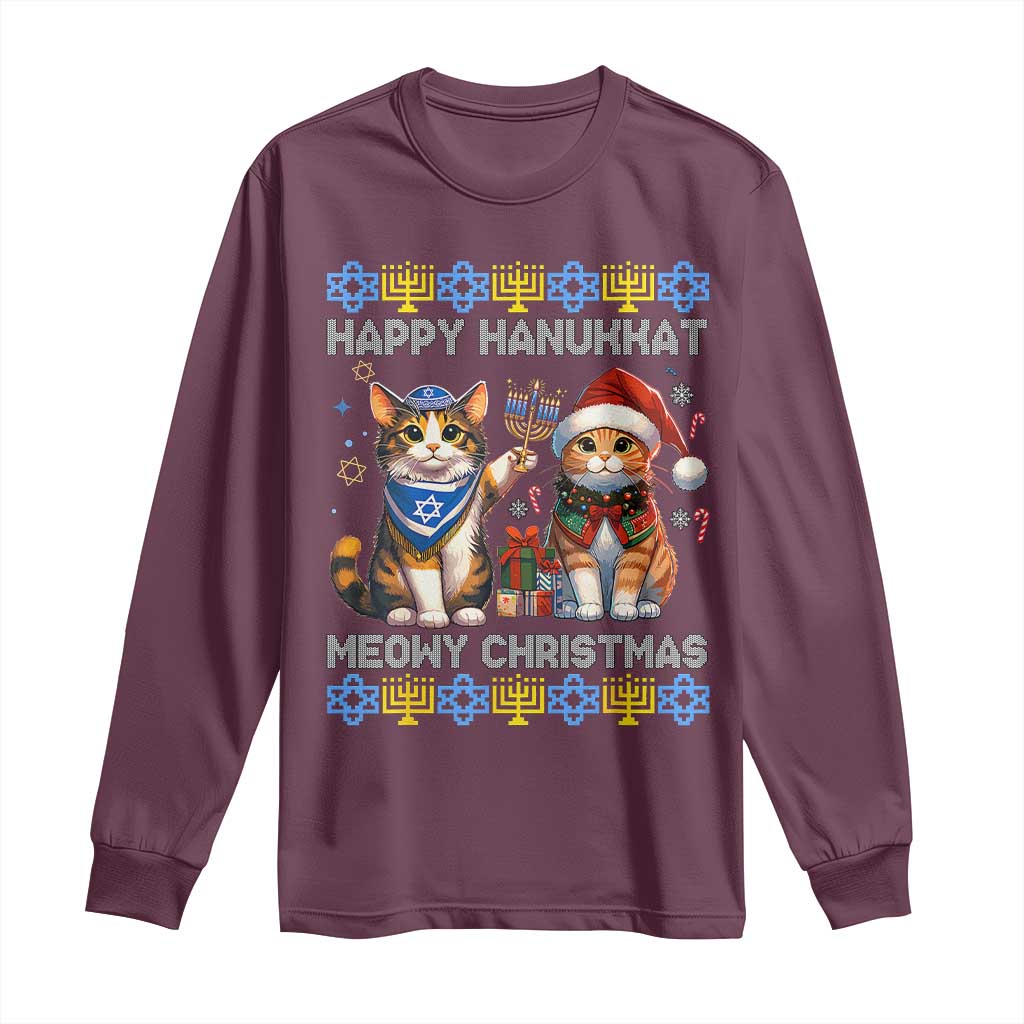 Cat Merry Christmas Happy Hanukkah Long Sleeve Shirt Jewish Christian Ugly Hanukkah - African Pride
