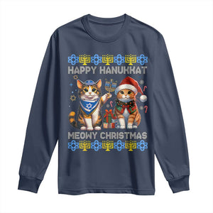 Cat Merry Christmas Happy Hanukkah Long Sleeve Shirt Jewish Christian Ugly Hanukkah - African Pride