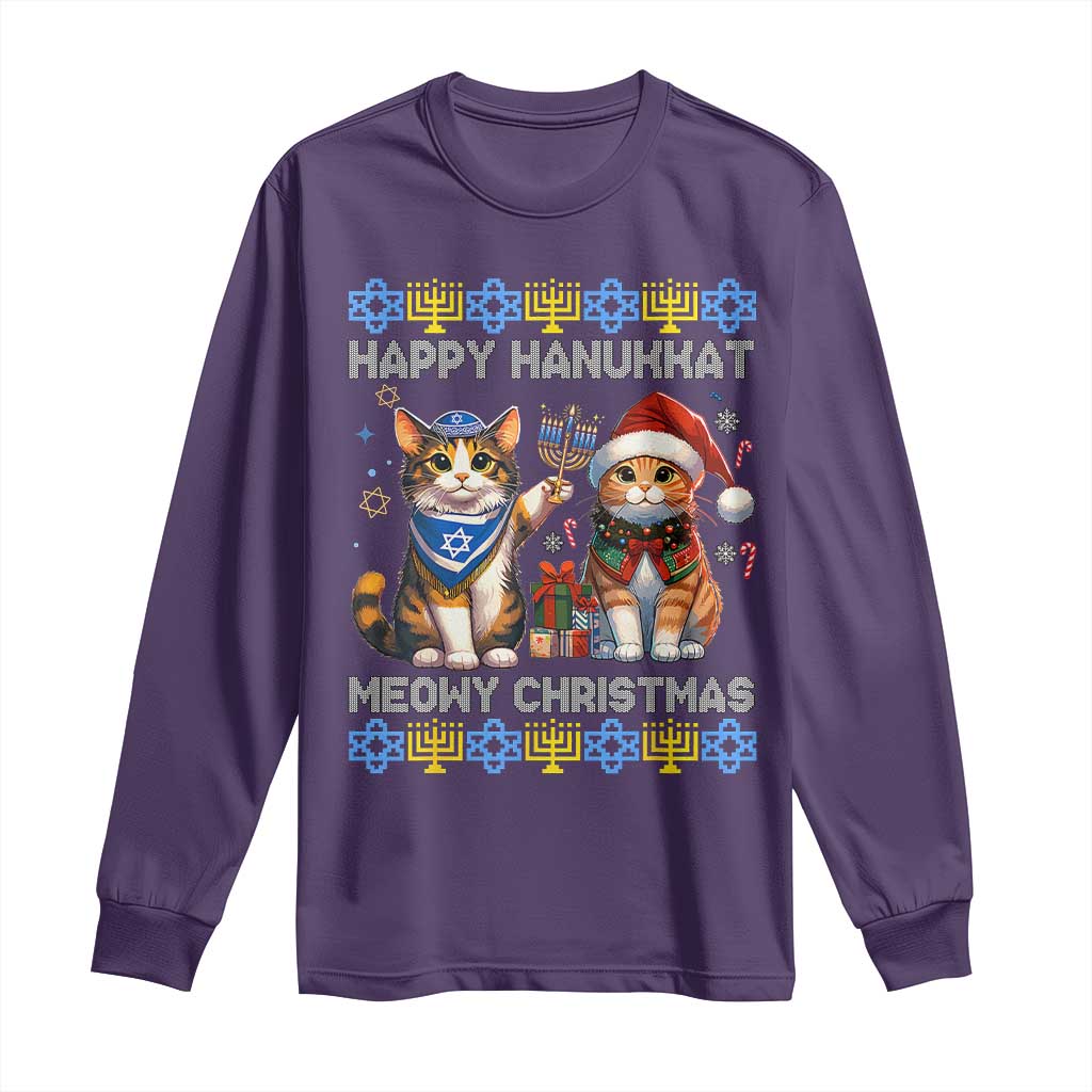 Cat Merry Christmas Happy Hanukkah Long Sleeve Shirt Jewish Christian Ugly Hanukkah - African Pride