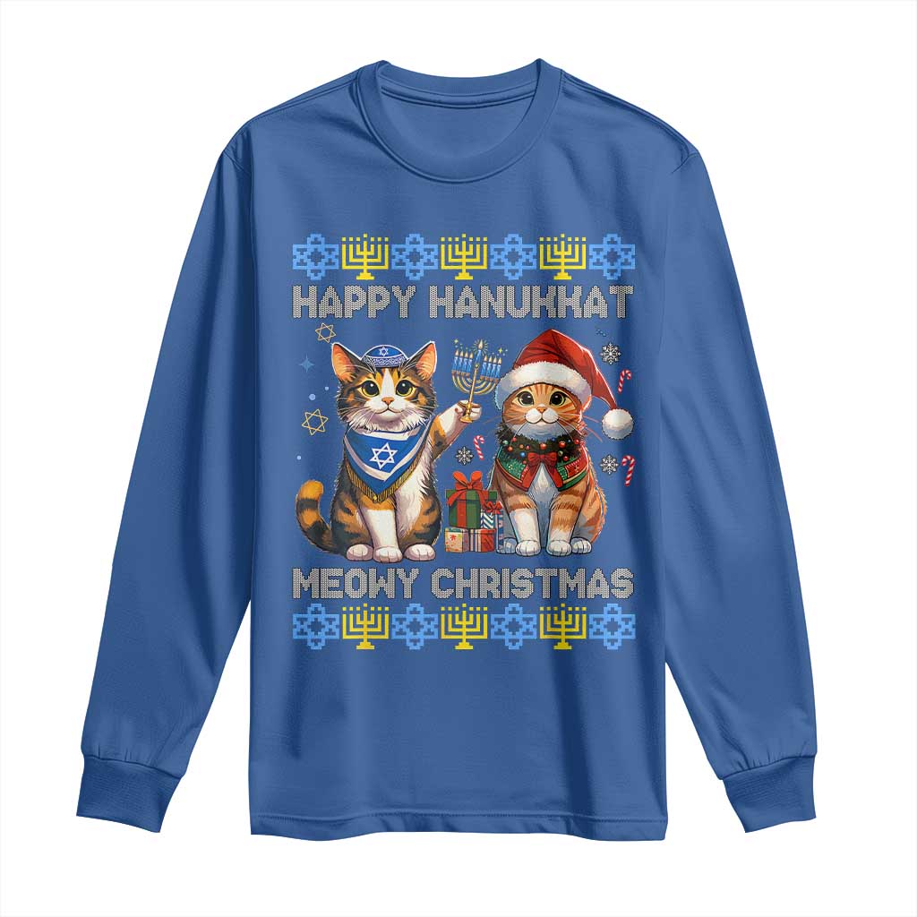 Cat Merry Christmas Happy Hanukkah Long Sleeve Shirt Jewish Christian Ugly Hanukkah - African Pride