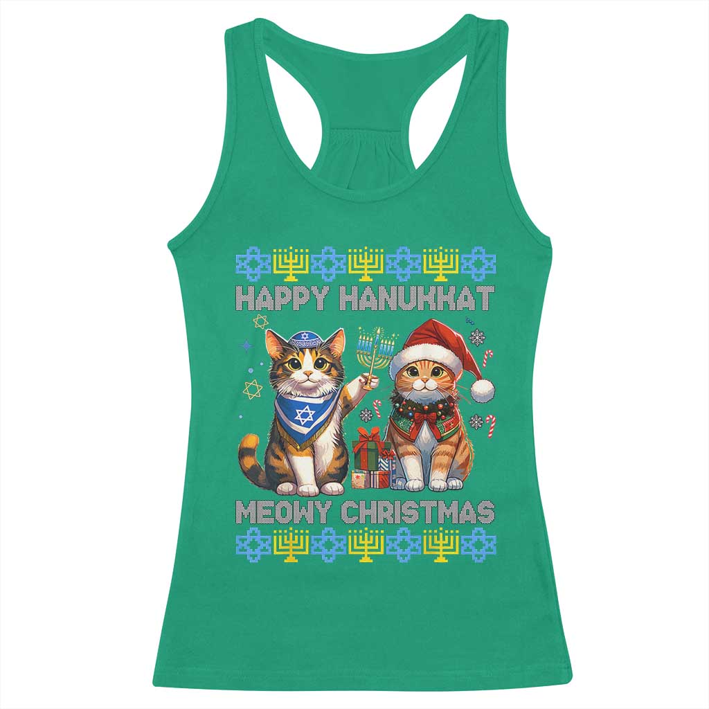 Cat Merry Christmas Happy Hanukkah Racerback Tank Top Jewish Christian Ugly Hanukkah - African Pride