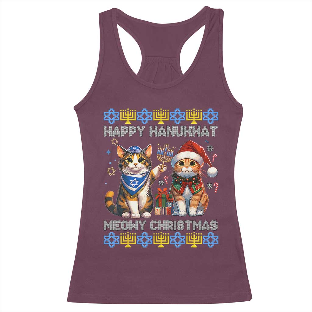 Cat Merry Christmas Happy Hanukkah Racerback Tank Top Jewish Christian Ugly Hanukkah - African Pride