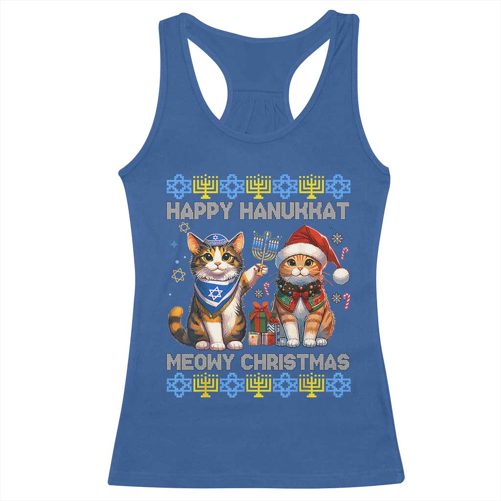 Cat Merry Christmas Happy Hanukkah Racerback Tank Top Jewish Christian Ugly Hanukkah - African Pride