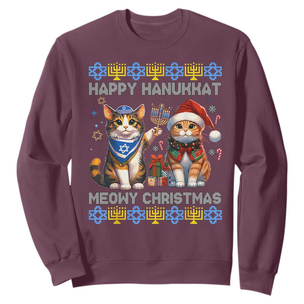 Cat Merry Christmas Happy Hanukkah Sweatshirt Jewish Christian Ugly Hanukkah - African Pride