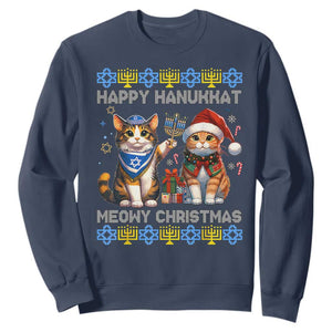 Cat Merry Christmas Happy Hanukkah Sweatshirt Jewish Christian Ugly Hanukkah - African Pride