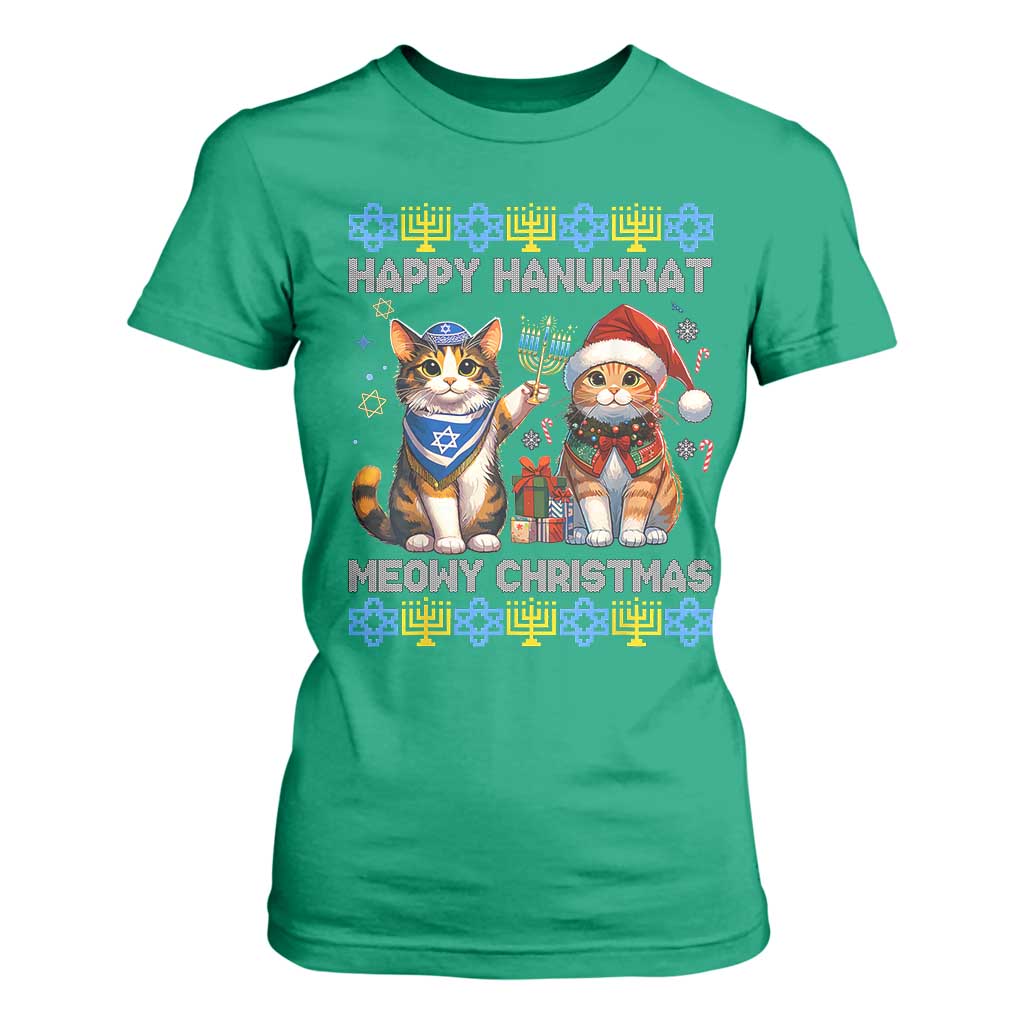 Cat Merry Christmas Happy Hanukkah T Shirt For Women Jewish Christian Ugly Hanukkah - African Pride
