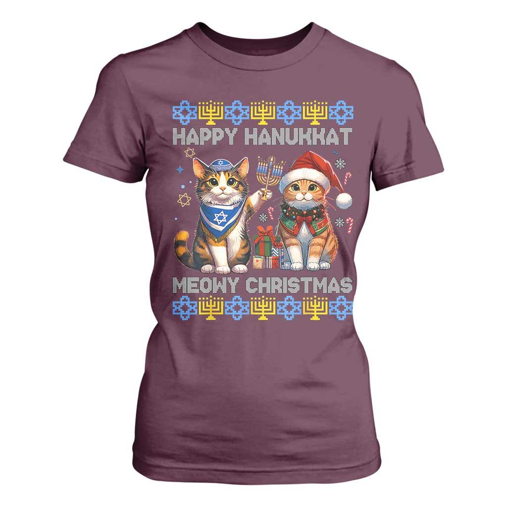 Cat Merry Christmas Happy Hanukkah T Shirt For Women Jewish Christian Ugly Hanukkah - African Pride