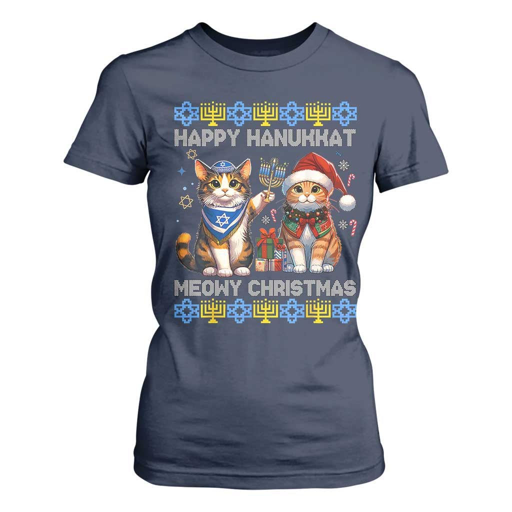 Cat Merry Christmas Happy Hanukkah T Shirt For Women Jewish Christian Ugly Hanukkah - African Pride