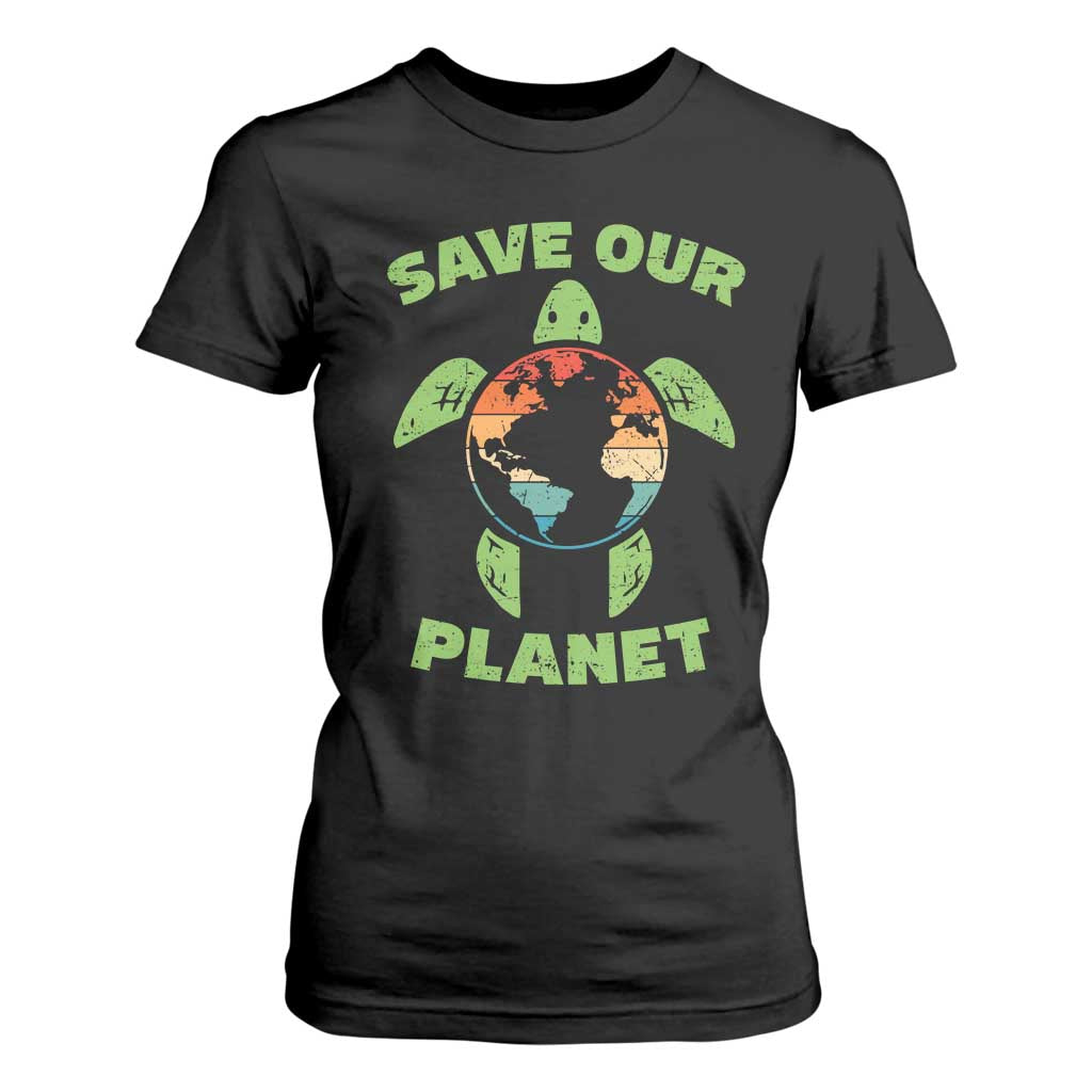 Retro Earth Day T Shirt For Women Save Our Planet Sea Turtle Recycle Ocean Environment