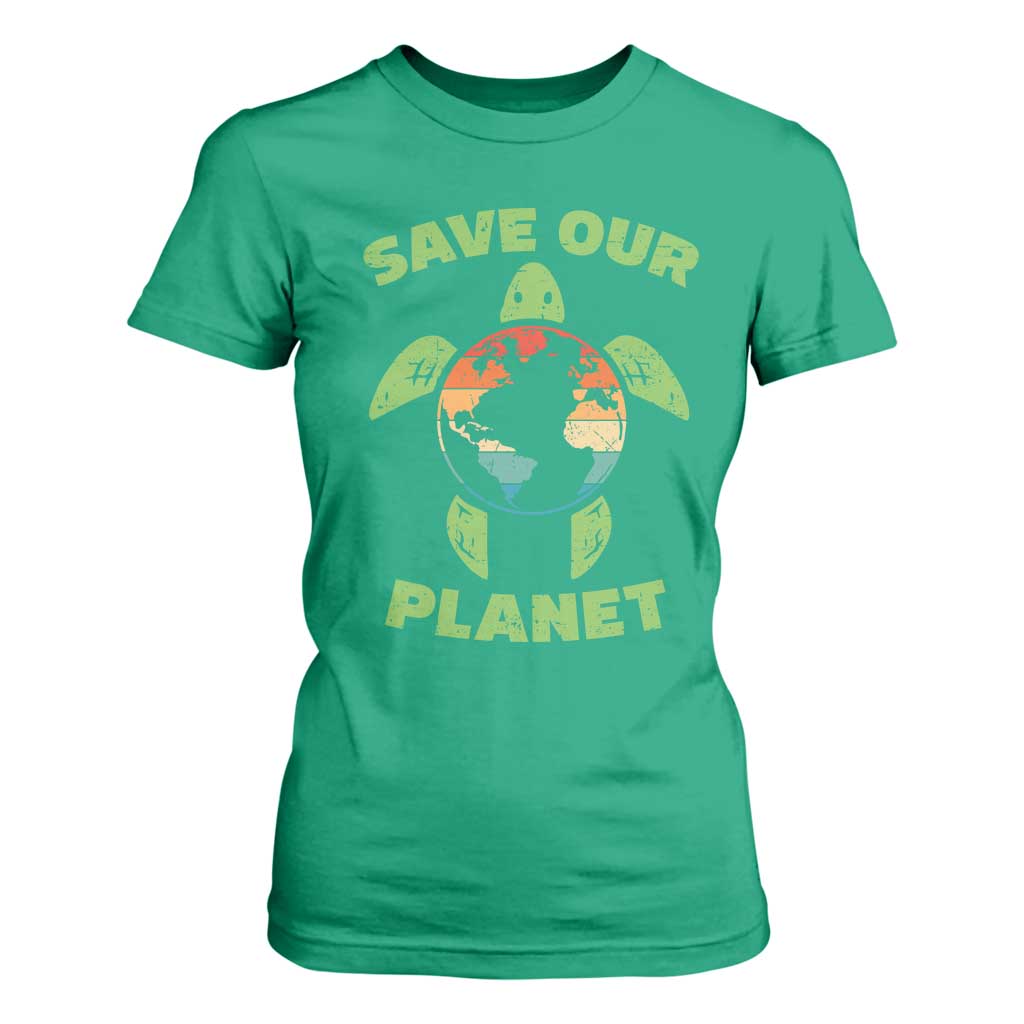 Retro Earth Day T Shirt For Women Save Our Planet Sea Turtle Recycle Ocean Environment