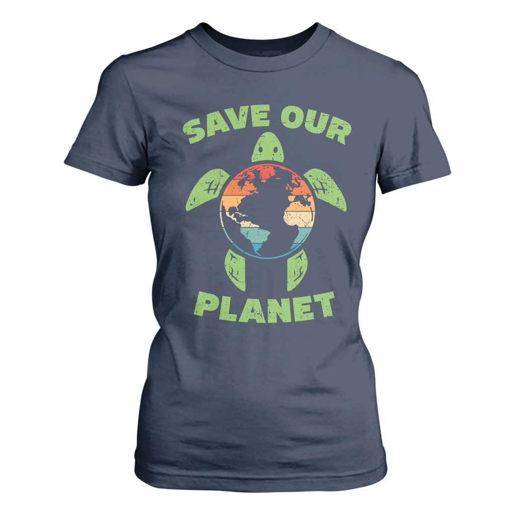 Retro Earth Day T Shirt For Women Save Our Planet Sea Turtle Recycle Ocean Environment